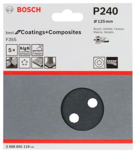 BOSCH Schuurpapier F355, 5 stuks 125 mm, 240 2608605119