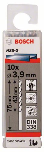 BOSCH Metaalboren HSS-G, DIN 338 3,9 x 43 x 75 mm (10 stuks) 2608585485