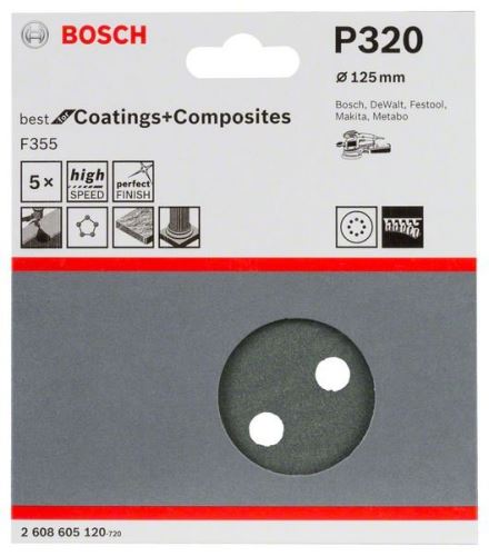 BOSCH Schuurpapier F355, 5 stuks 125 mm, 320 2608605120