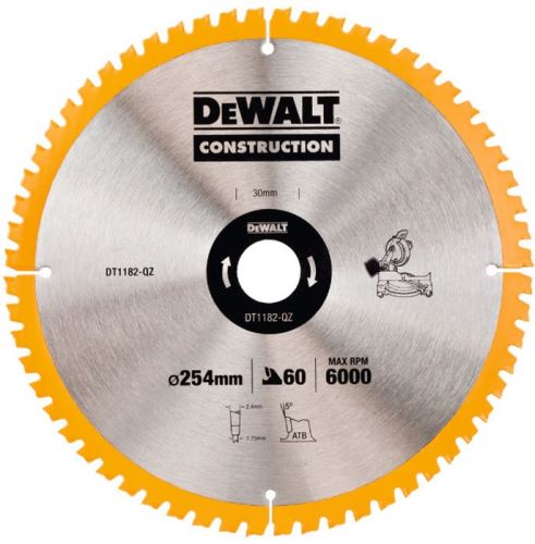 DeWALT CONSTRUCTION verstekzaagblad met spijkers, 254 x 30 mm, 60 tanden DT1182