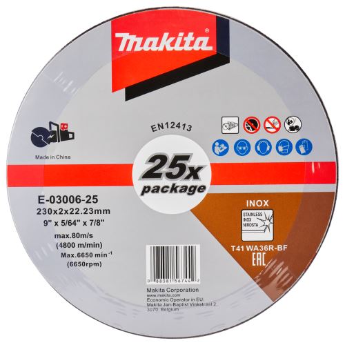 MAKITA roestvrijstalen doorslijpschijf 230x2,0x22,23 mm, 25 stuks E-03006-25