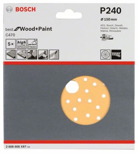 BOSCH Schuurpapier C470 voor excentrische schuurmachines, Best for Wood and Paint, diameter 150 mm, 240 multi-perforatie (5 stuks) 2608608X87