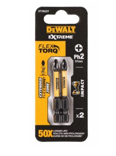 DeWALT Torsieschroevendraaierbit 57 mm, PH2, EXTREME (2 stuks) DT70532T