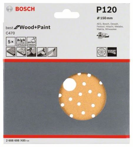 BOSCH Schuurpapier C470 voor excentrische schuurmachines, Best for Wood and Paint, diameter 150 mm, 120 multi-perforaties (5 stuks) 2608608X85