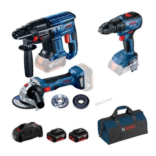 Bosch Professional-set: GBH 180-LI + GSR 18V-50 + GWS 180-LI + 2× GBA 18V 5,0Ah + 0615990M32