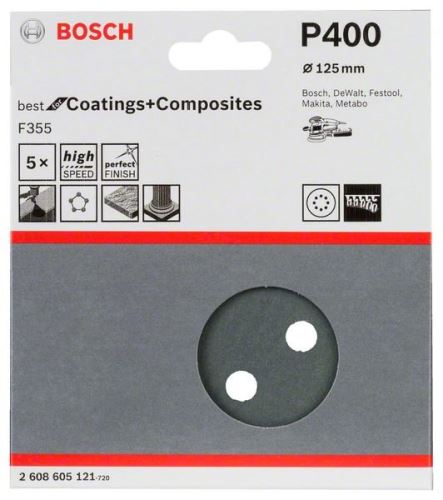 BOSCH Schuurpapier F355, VE 5 stuks 125 mm, 400 2608605121