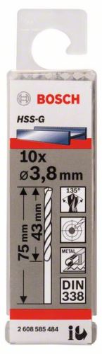 BOSCH Boren voor metaal HSS-G, DIN 338 3,8 x 43 x 75 mm (10 stuks) 2608585484